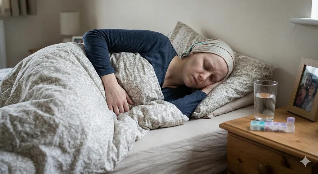 Pacjentka onkologiczna leżąca w łóżku z pojemnikiem na leki na szafce nocnej, obrazująca potrzebę kontroli bólu w chorobie przewlekłej.