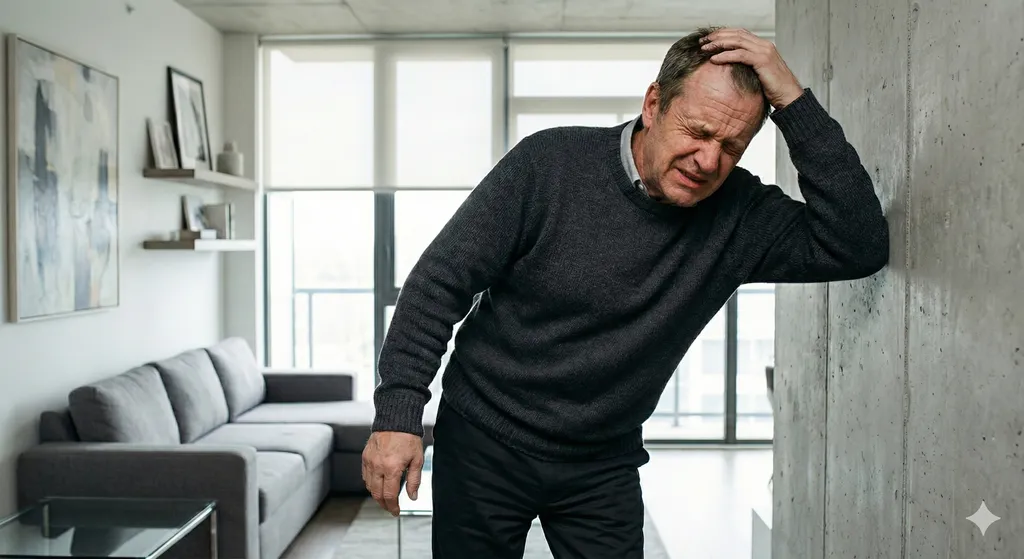 Mężczyzna w średnim wieku opierający się o ścianę i trzymający za głowę z powodu silnego bólu neurologicznego.