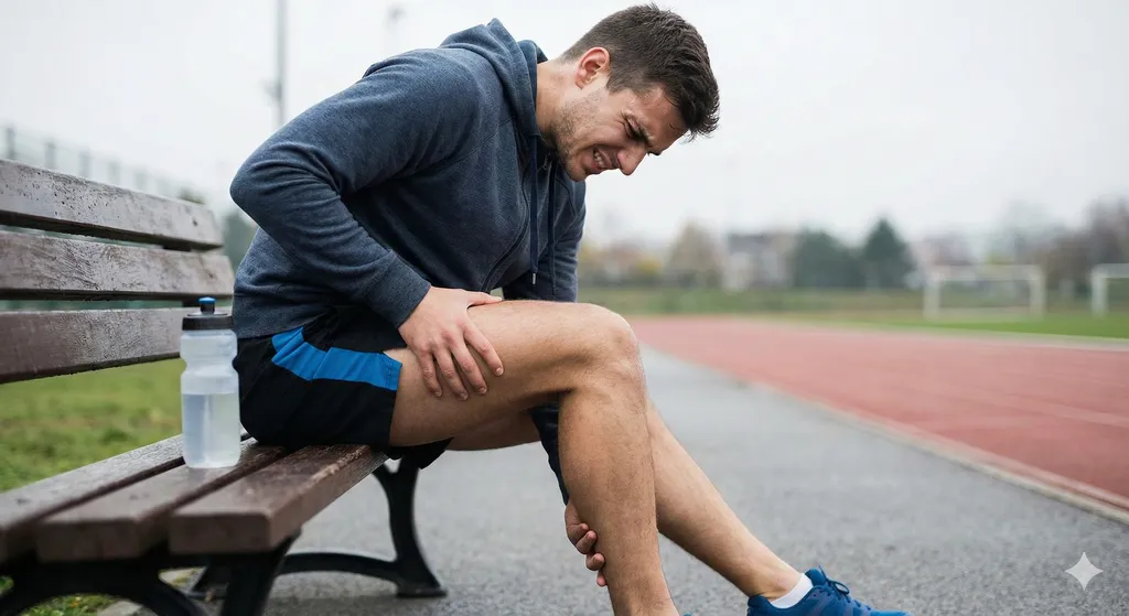 Młody mężczyzna w stroju sportowym siedzący na ławce przy bieżni, trzymający się za bolący mięsień uda.