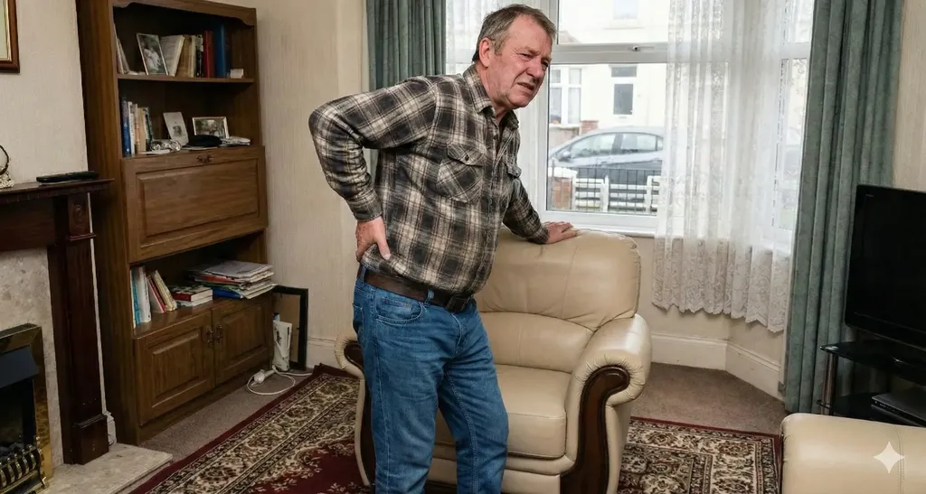 Mężczyzna w średnim wieku stojący w salonie, podpierający się o fotel i trzymający dłoń na dolnym odcinku pleców.
