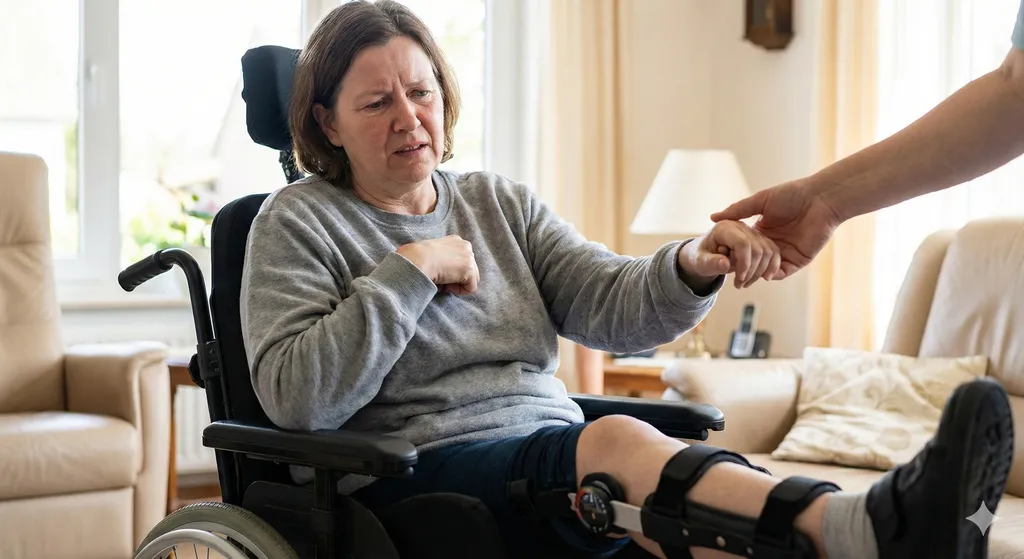 Osoba na wózku inwalidzkim z widoczną ortezą na nodze podczas sesji terapeutycznej wspomagającej ruchomość stawów.